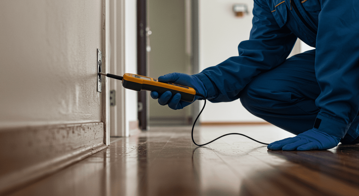 A close-up shot of a water damage restoration team inspecting a commercial building's walls and flooring for moisture. The technician is using a moisture meter, highlighting the careful assessment process.
