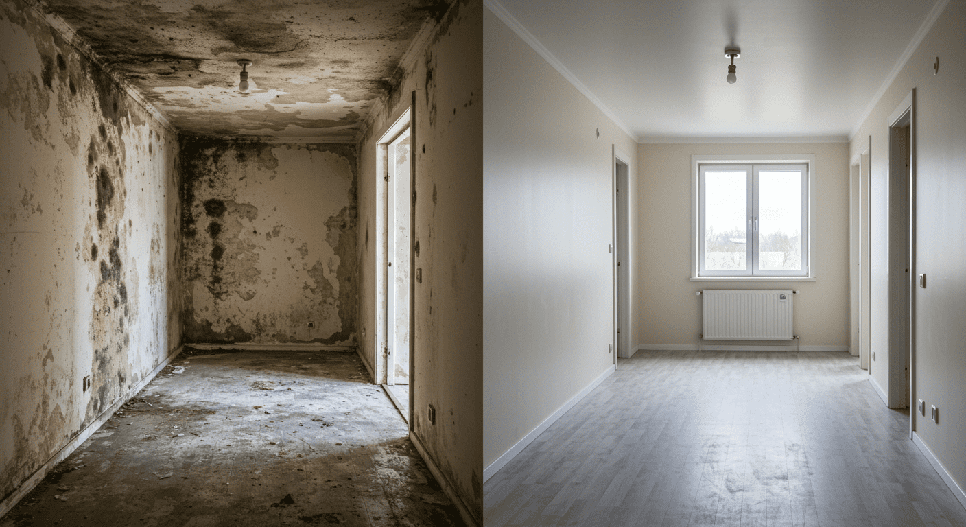 A before-and-after image showing a mold-infested area transformed after remediation, highlighting the effectiveness of the process.