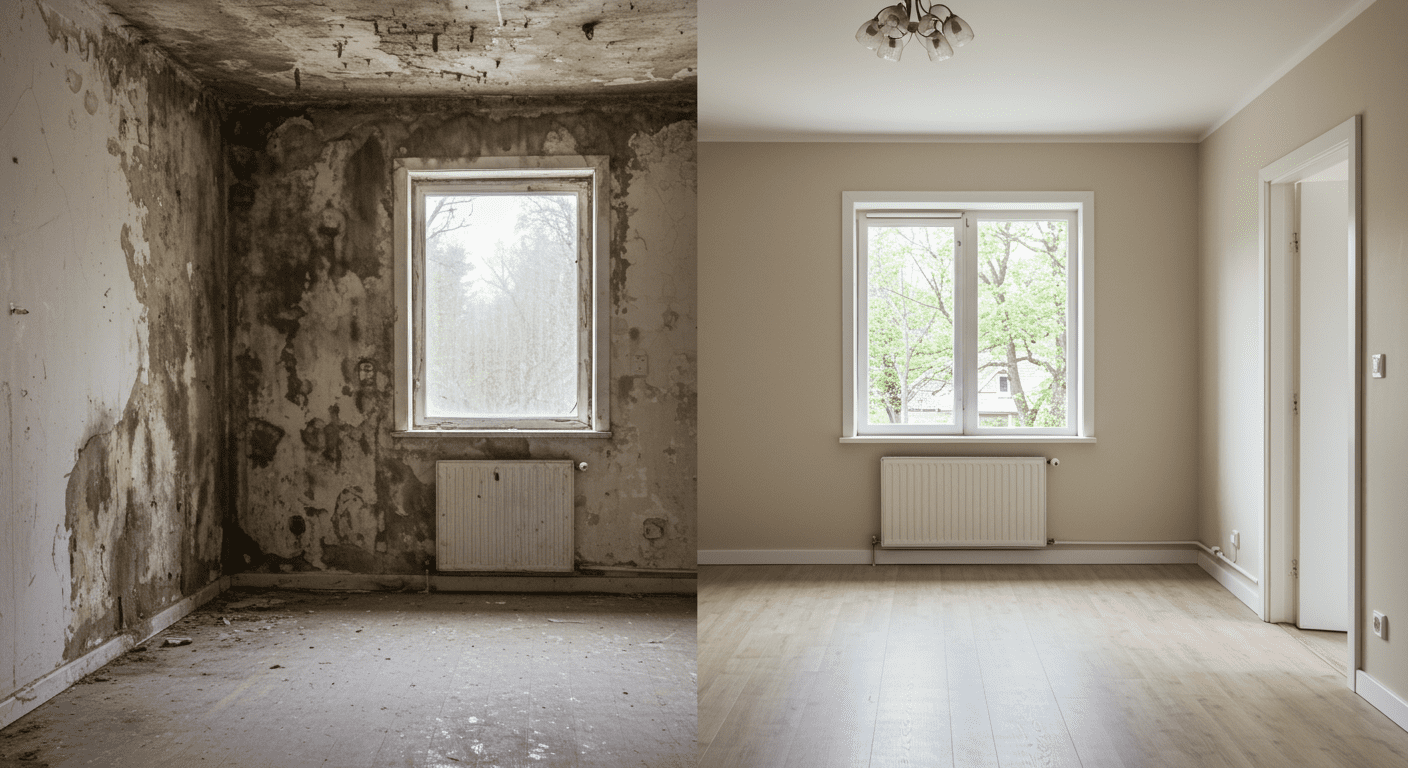 A split image showing a before-and-after comparison of a room affected by mold. The left side depicts the mold-infested area, while the right side showcases the clean, restored space post-remediation, highlighting the effectiveness of the treatment.