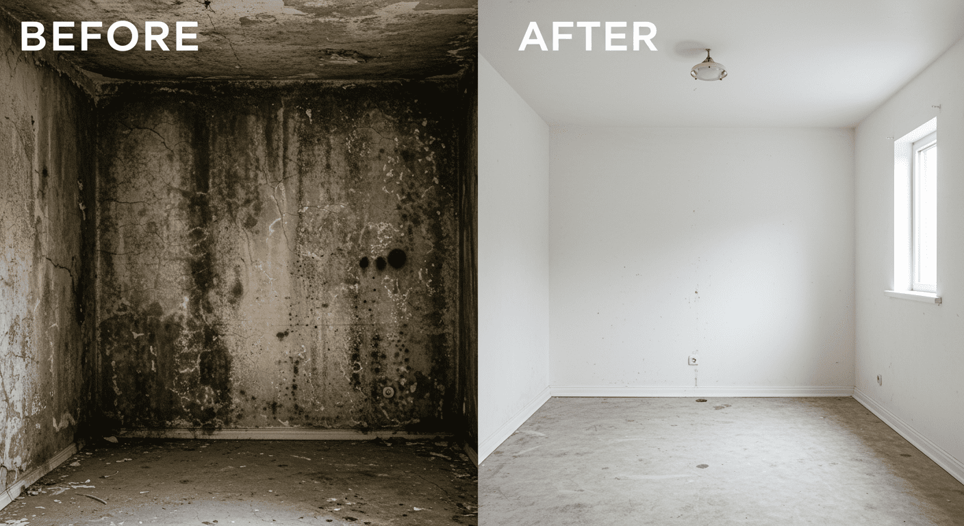 A split image showing a room before and after mold remediation, illustrating the transformation and effectiveness of professional services.