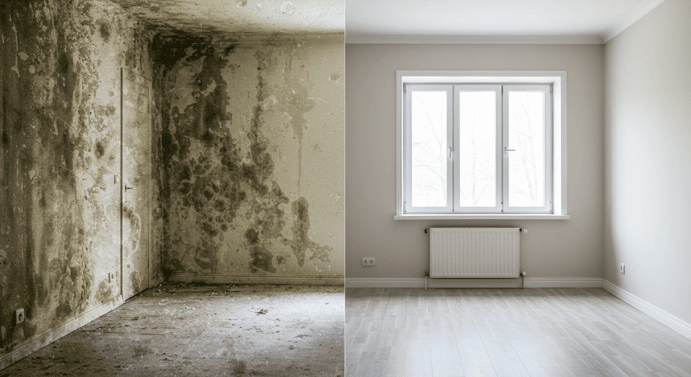 A before-and-after image showing a mold-infested room transformed into a clean, restored space after professional remediation.