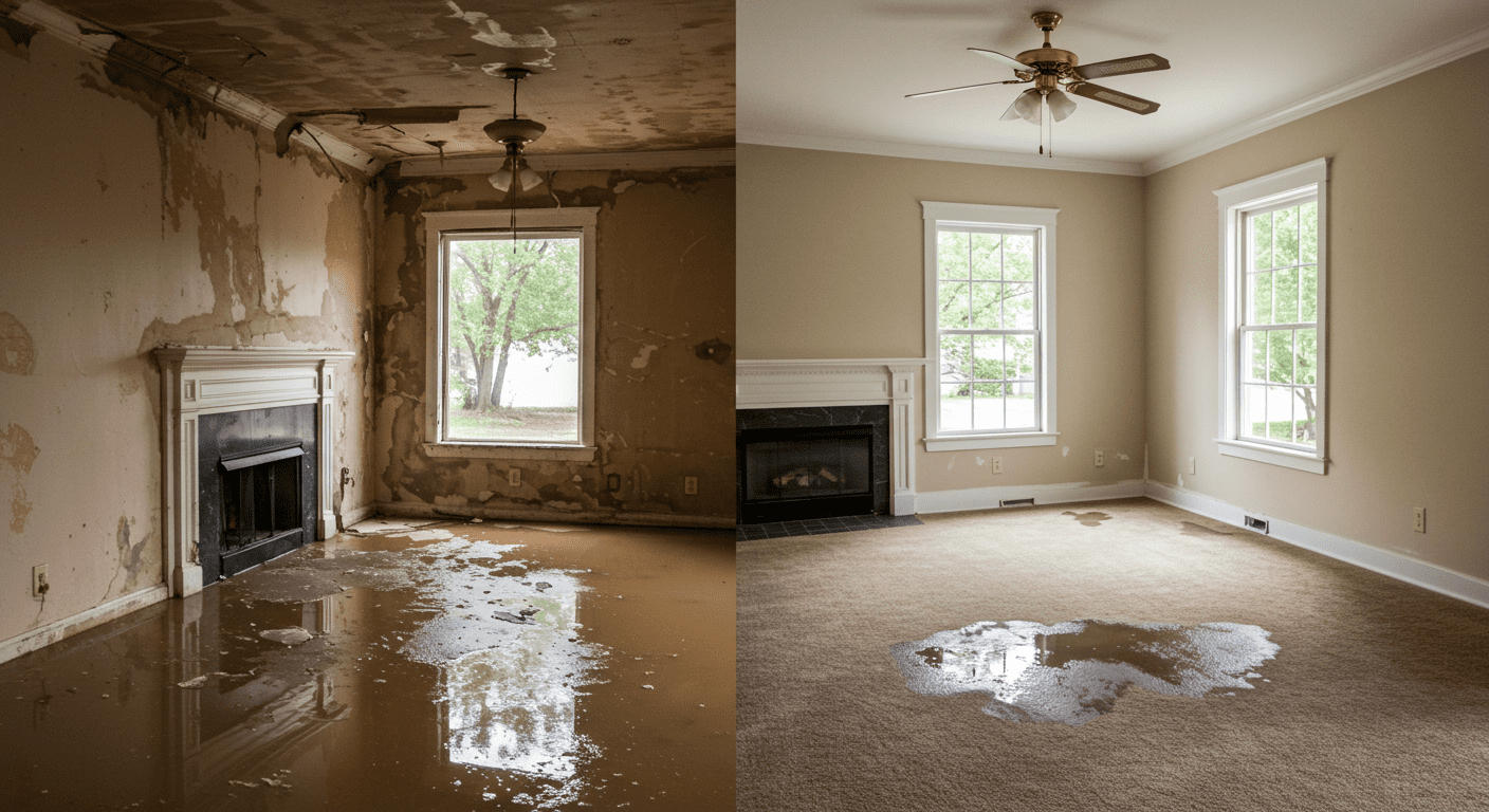 A split image showing a flooded room on one side and the same room fully restored on the other. This visual contrast highlights the effectiveness of flood restoration services.