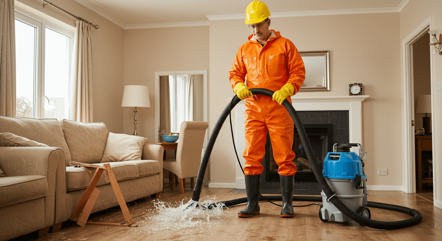 A professional flood restoration contractor in action, wearing safety gear, using a water extraction machine in a flooded living room.