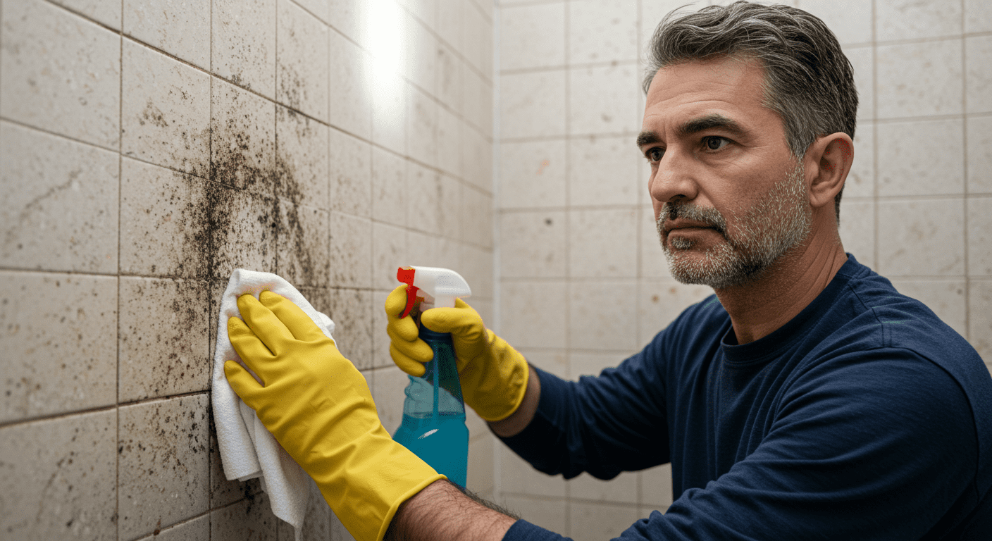 A homeowner using a spray bottle and cloth to clean mold from a bathroom wall, with a focused expression.