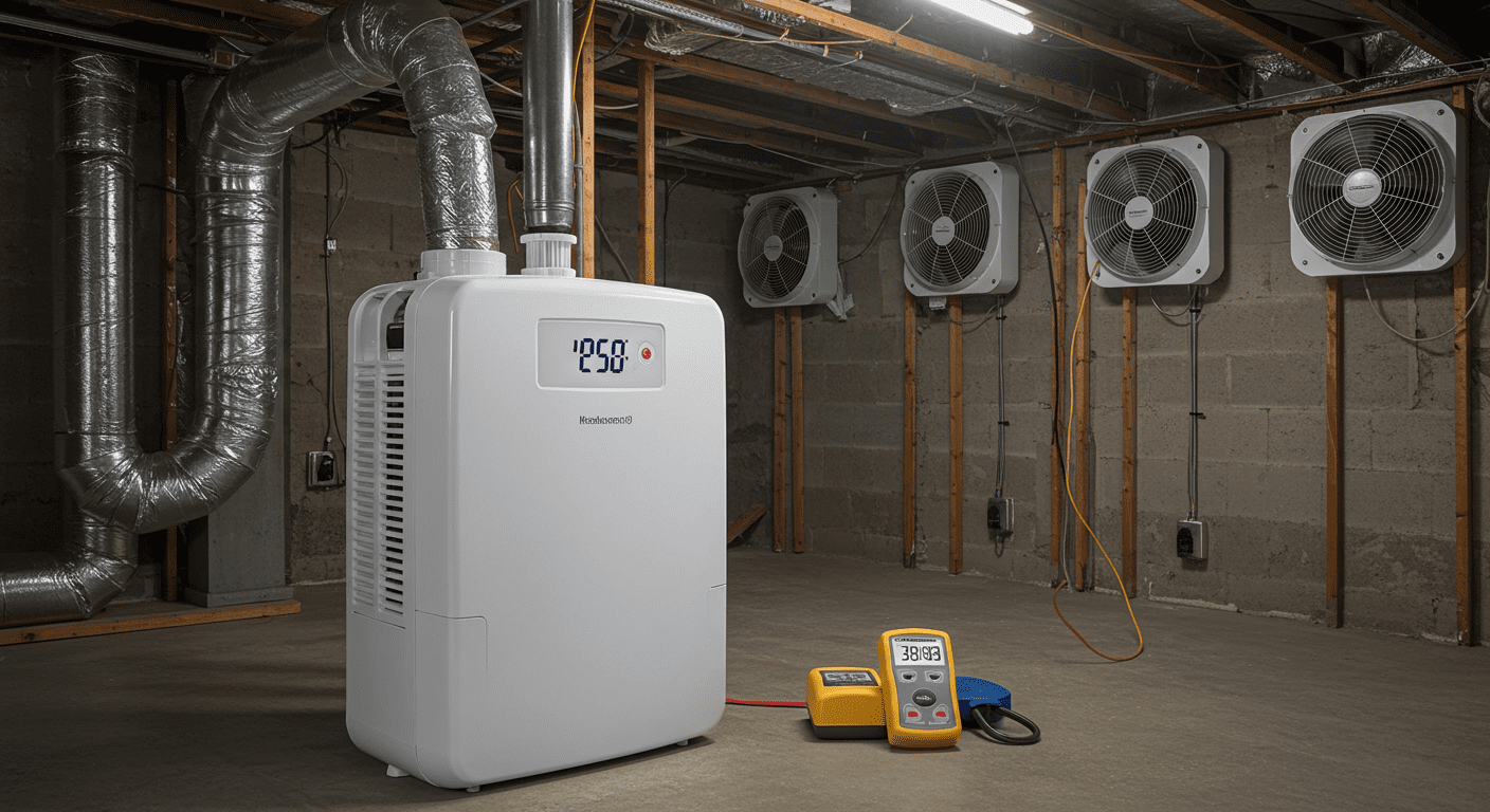 An image of a dehumidifier in a basement, with moisture meters and ventilation fans in the background. This visually represents proactive measures for preventing mold growth.