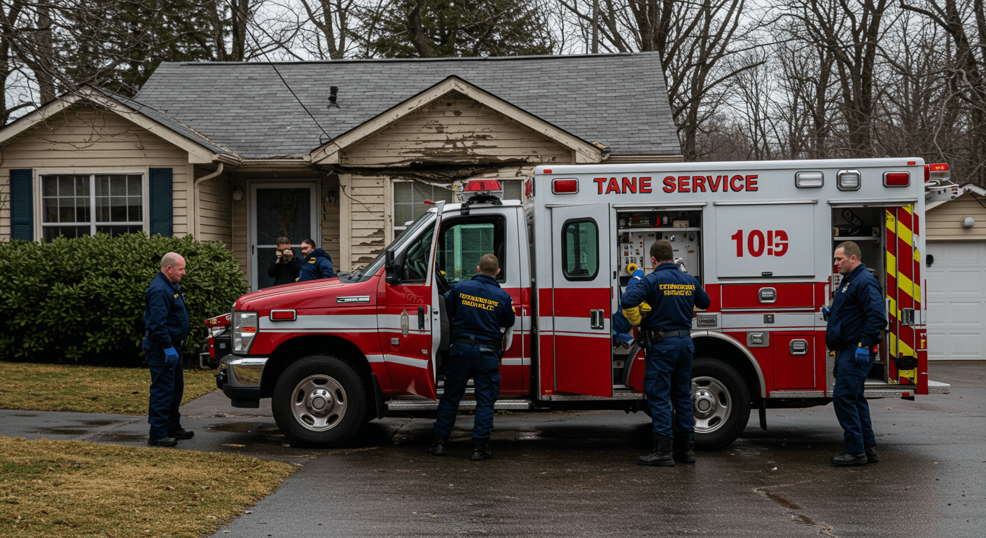 An emergency service vehicle parked outside a home affected by water damage, with technicians preparing to enter. The image conveys readiness and the prompt response of emergency services.