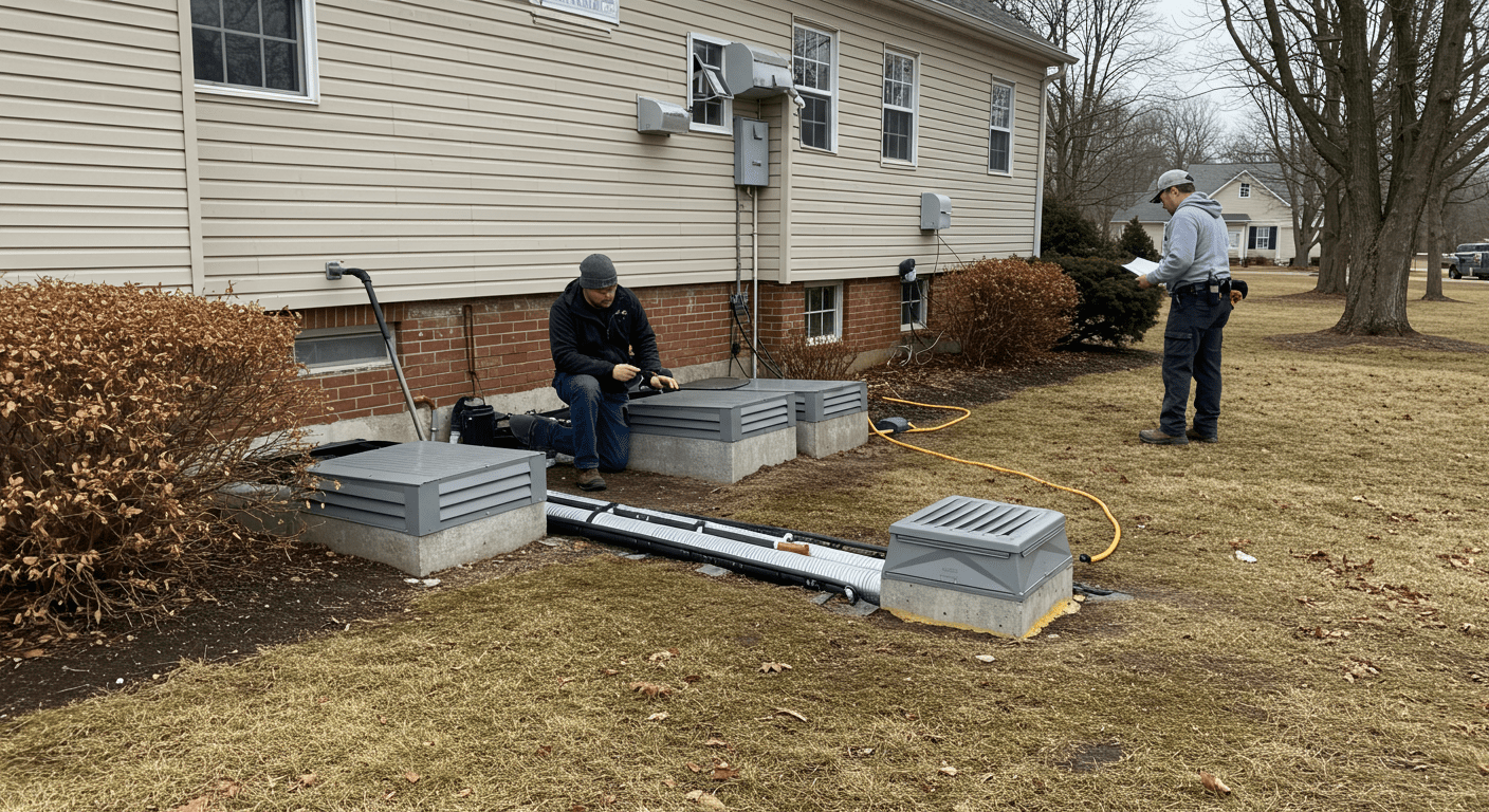 A local setting in Hackensack, NJ, featuring a residential home with visible crawl space vents and a technician inspecting the encapsulation system.