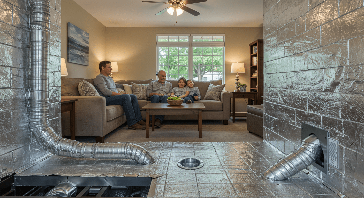 A family enjoying a healthy indoor environment in their living room, with a visible connection to the crawl space through a vent. The image conveys the benefits of encapsulated crawl space ventilation on overall home health and air quality.