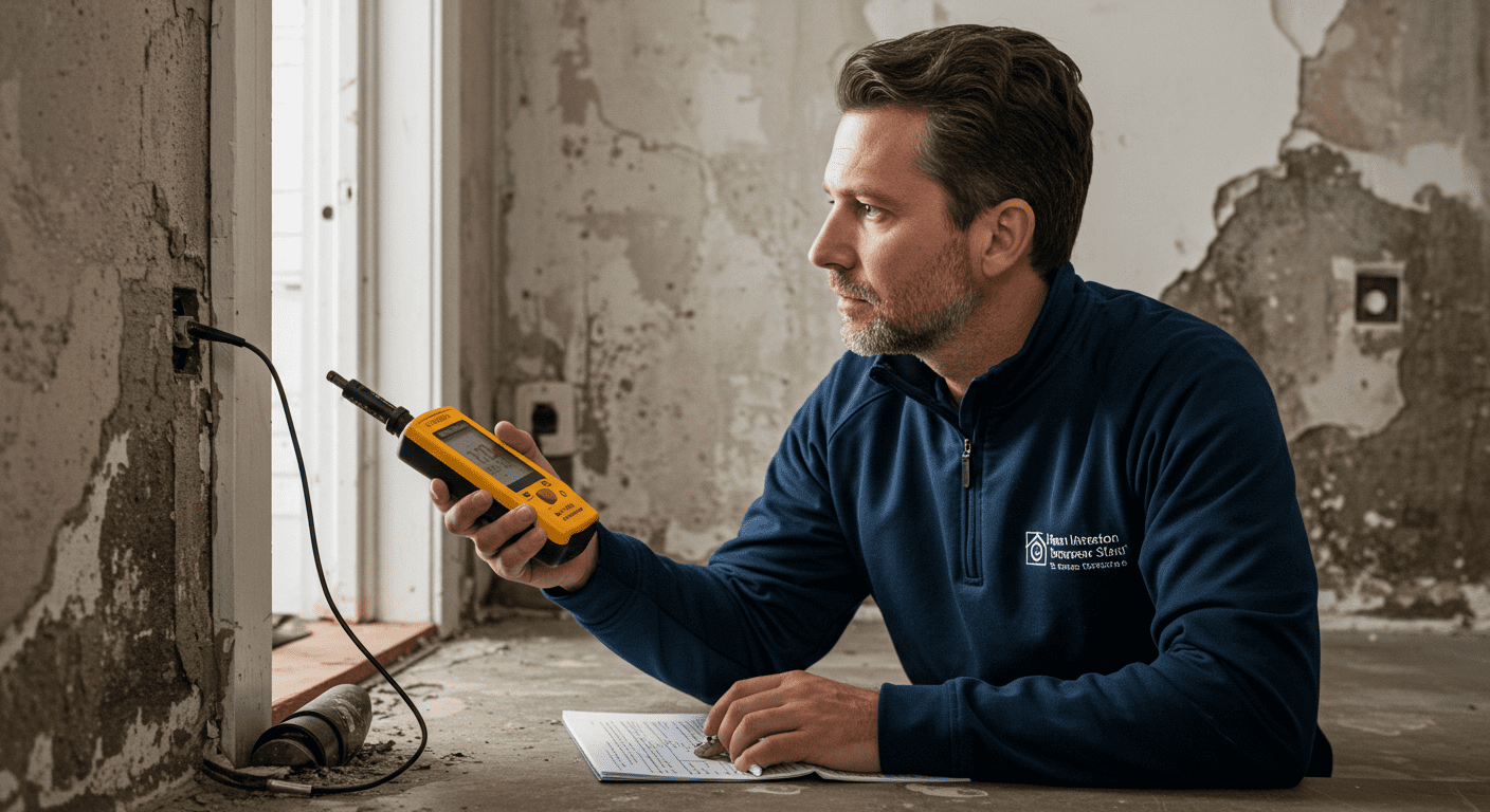 An image of a home inspector examining a property, focusing on areas prone to mold and water damage.
