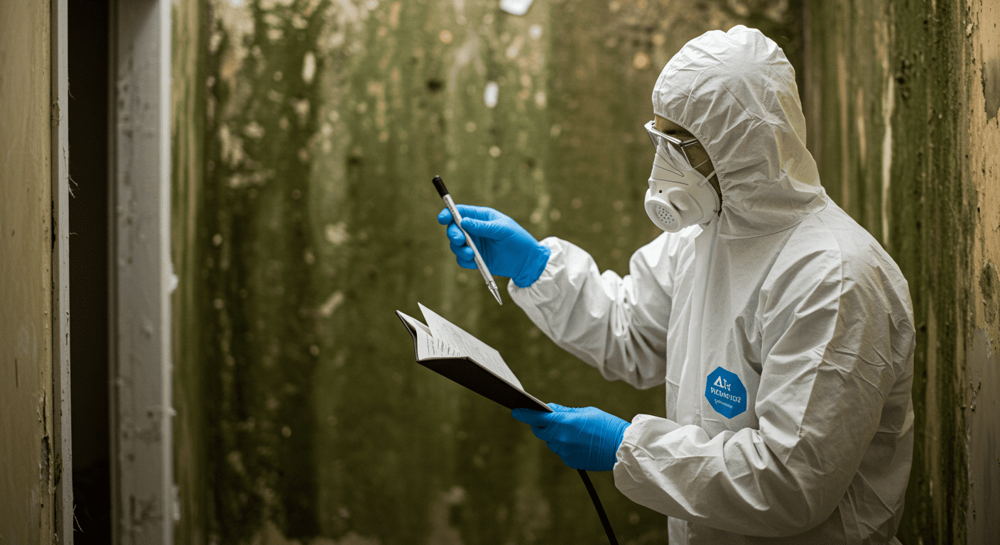 A professional mold remediation technician in protective gear inspecting a mold-affected area, with visible green mold and water damage in the background.