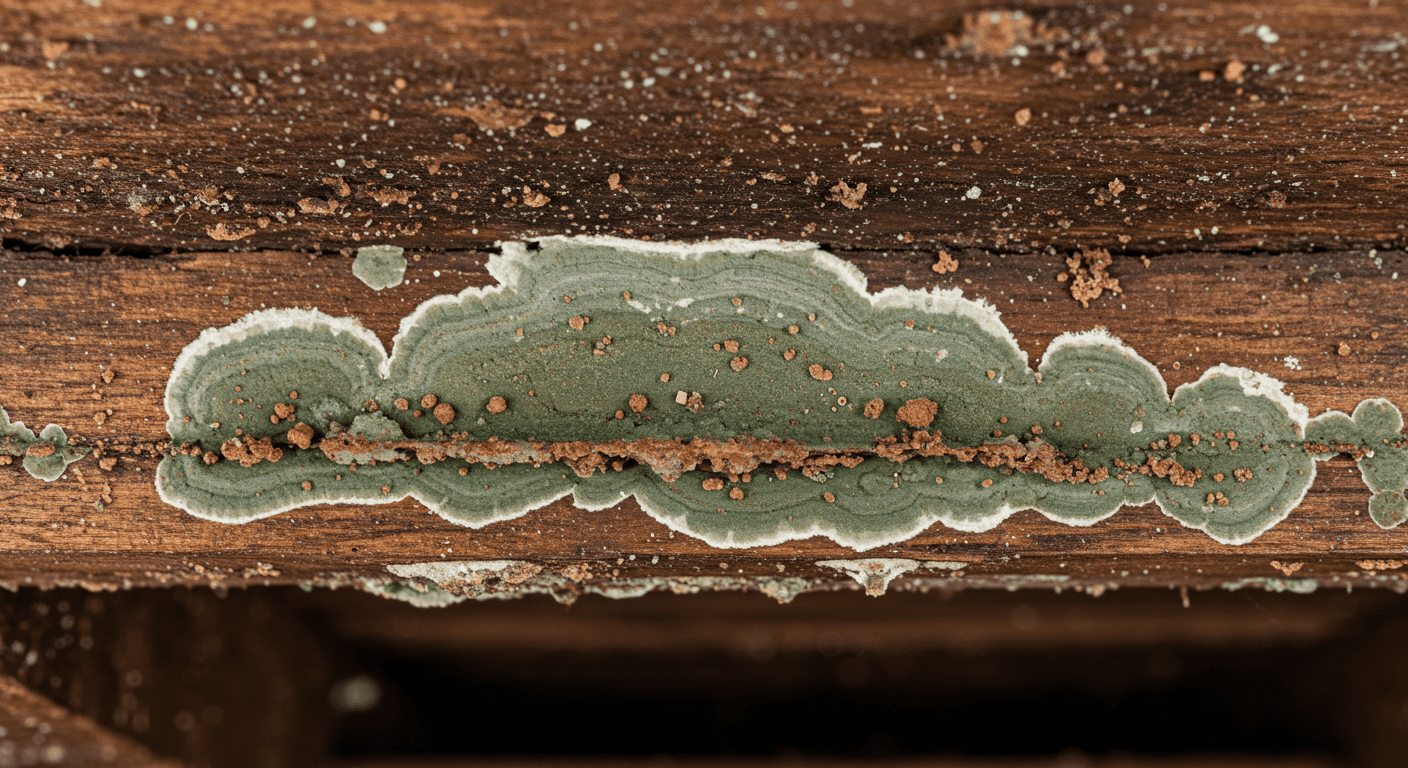 A close-up shot of mold growing on wooden beams in an attic, highlighting the texture and color variations of the mold.