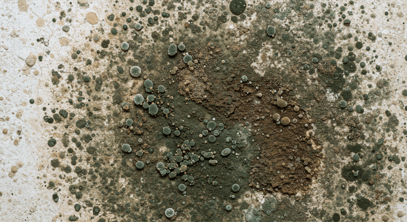 A close-up view of mold growing on a damp wall in a home setting, showcasing various colors and textures of mold. The image captures the severity of the infestation.