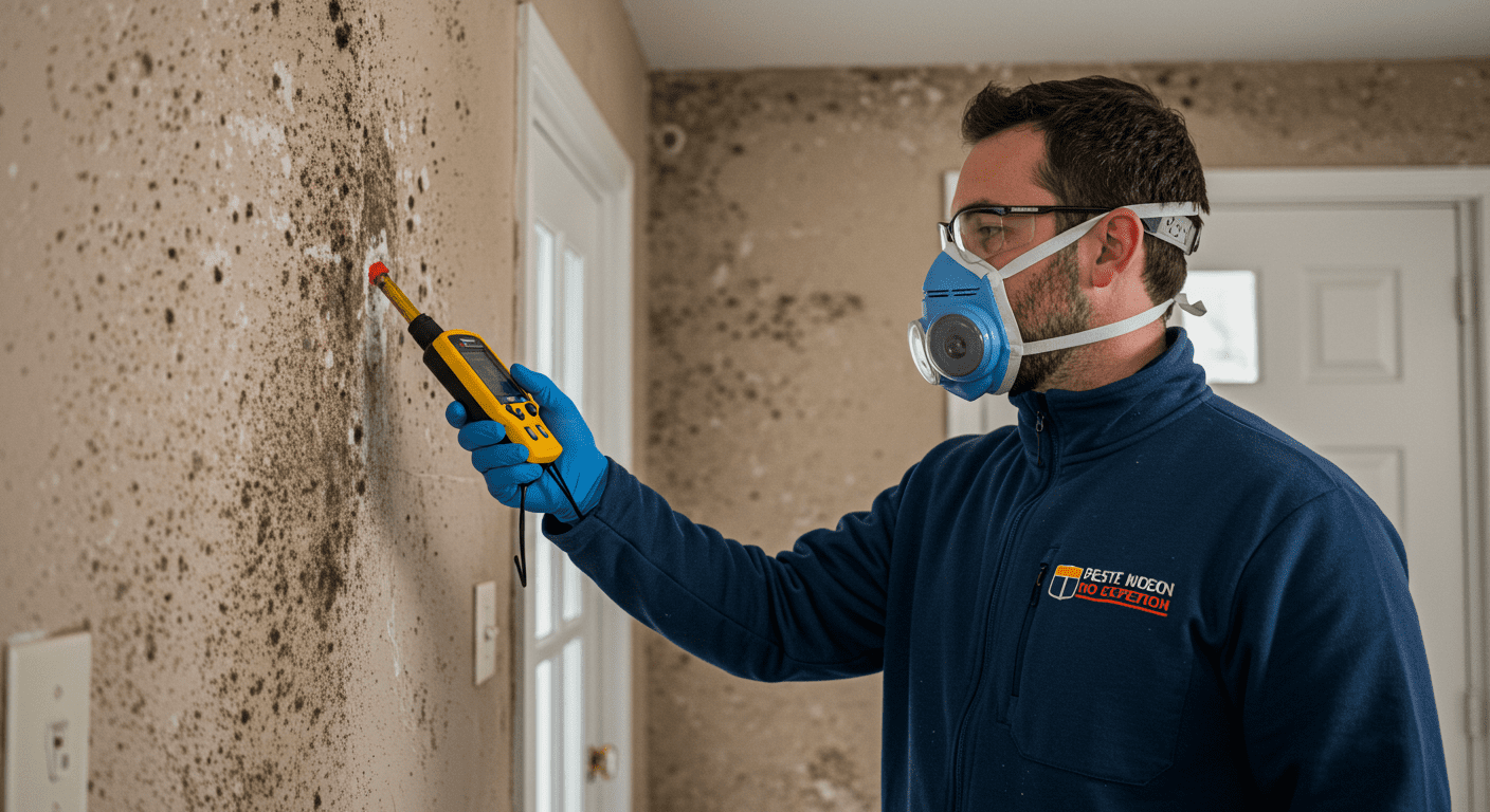 A professional mold inspector using a moisture meter to assess a wall in a residential home. The inspector is wearing protective gear, and there are visible signs of mold on the wall.