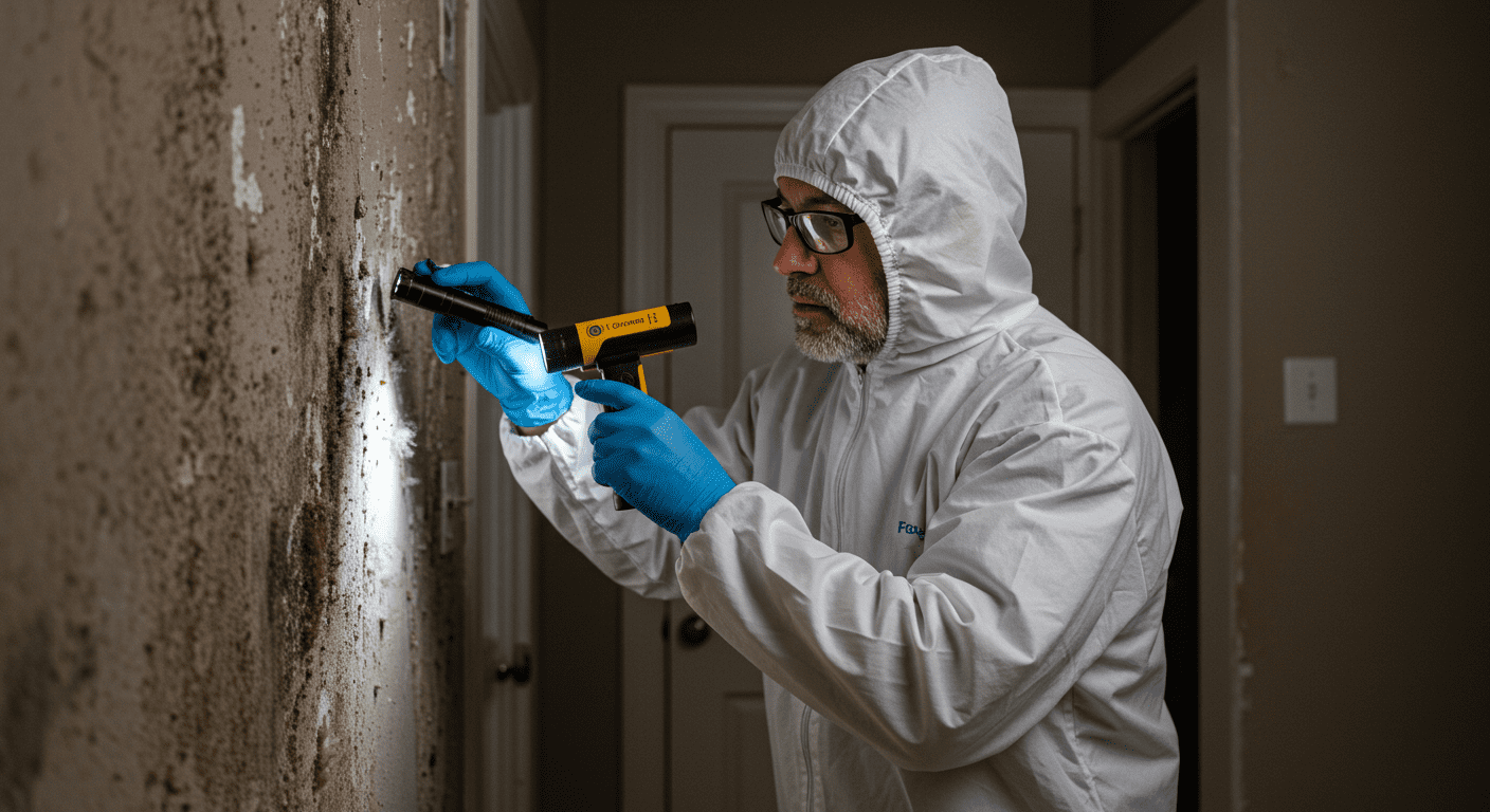 A professional mold inspector examining a home’s interior with a flashlight and moisture meter. The inspector is focused on a wall with visible mold patches, showcasing the inspection process.