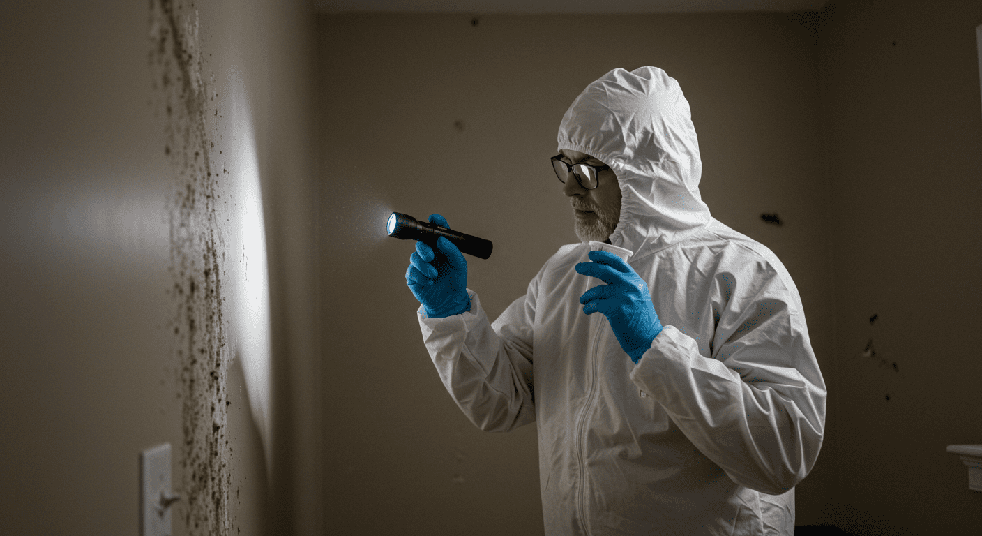 A professional mold inspector examining a residential area with a flashlight and mold testing equipment. The inspector is focused on a corner of a room where mold is suspected.