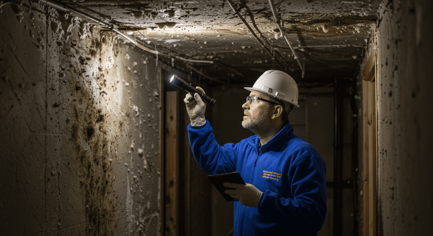 A professional mold inspector examining a residential basement with a flashlight, highlighting areas of potential mold growth. The inspector is wearing protective gear, emphasizing safety.