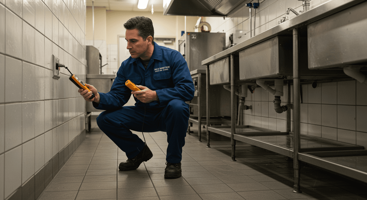 A professional mold inspector examining a commercial property with a moisture meter, showcasing the inspection process.