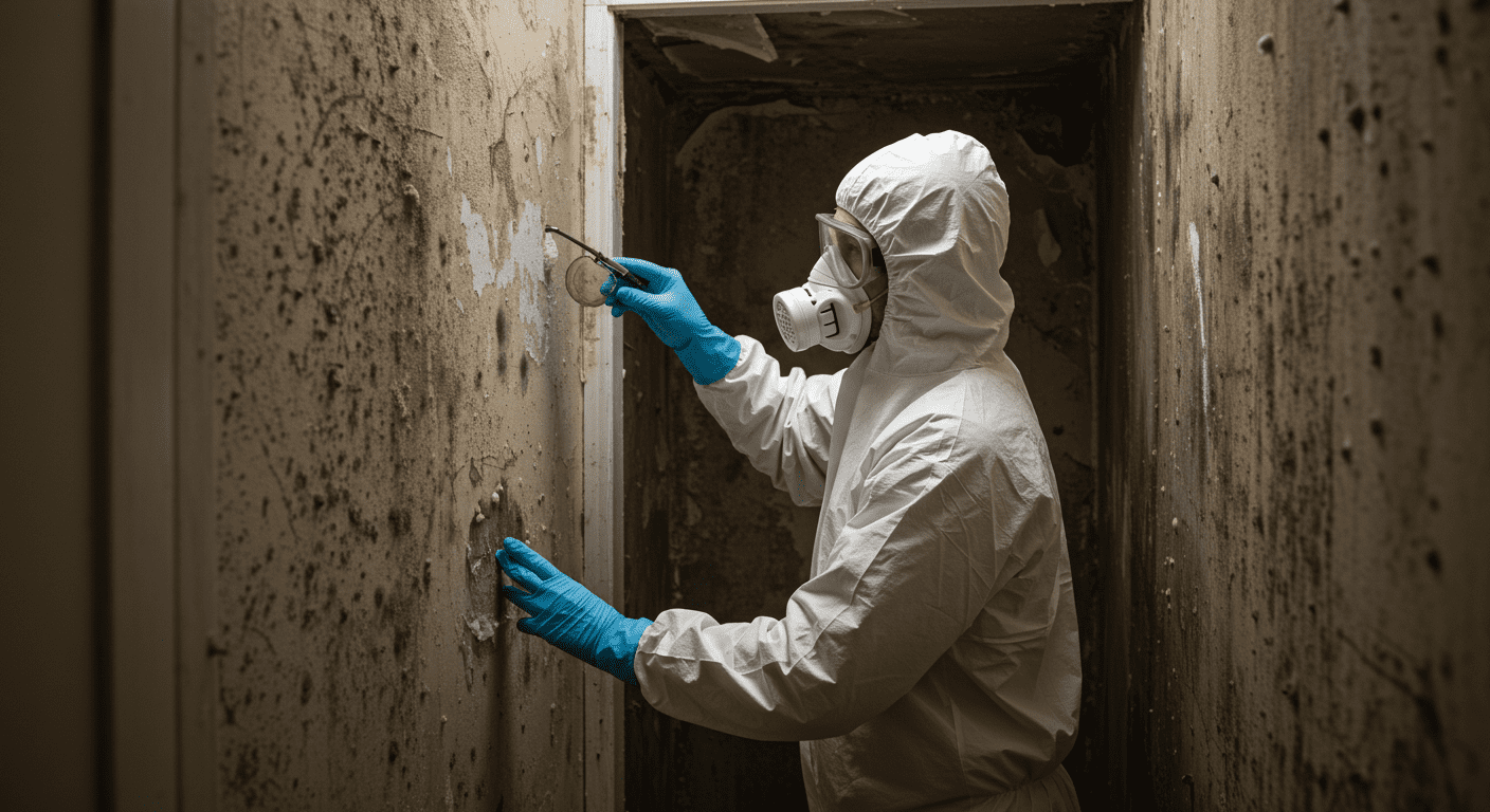 A professional mold remediation technician in protective gear inspecting a water-damaged area in a home. The focus is on the technician examining the walls for mold growth.
