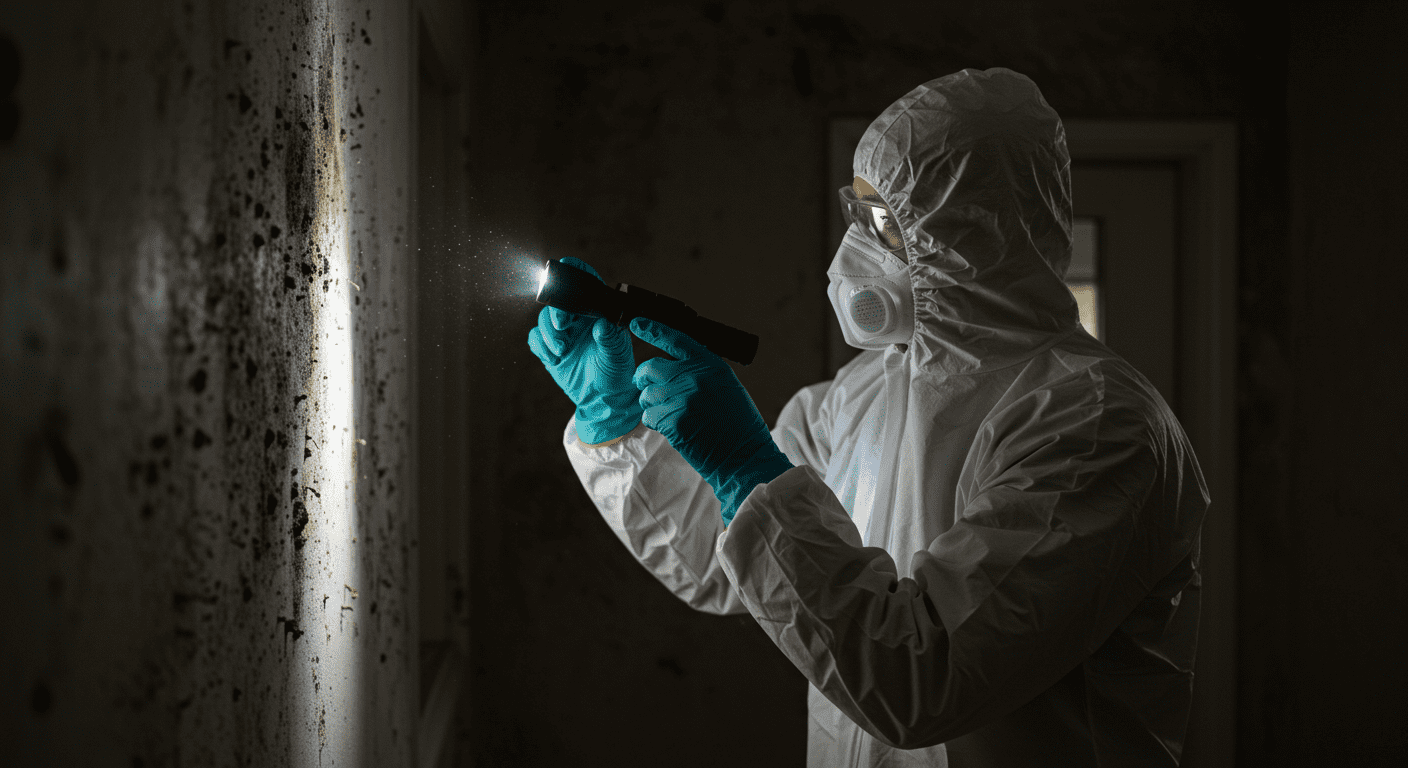 A professional technician in protective gear inspecting a wall for mold with a flashlight. The background shows a dimly lit room with visible mold patches on the wall.