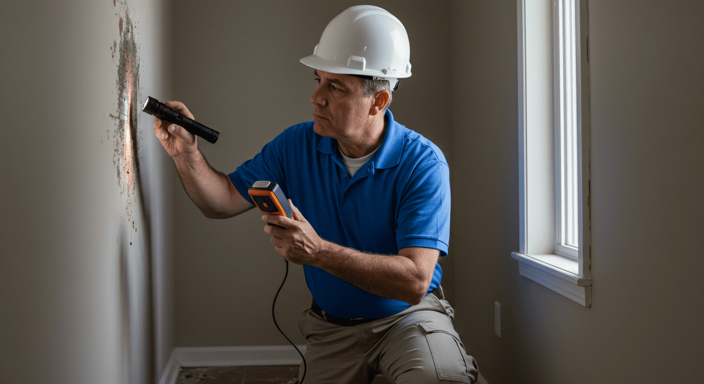 A professional mold inspector examining a home interior with a moisture meter and flashlight, showcasing the inspection process.