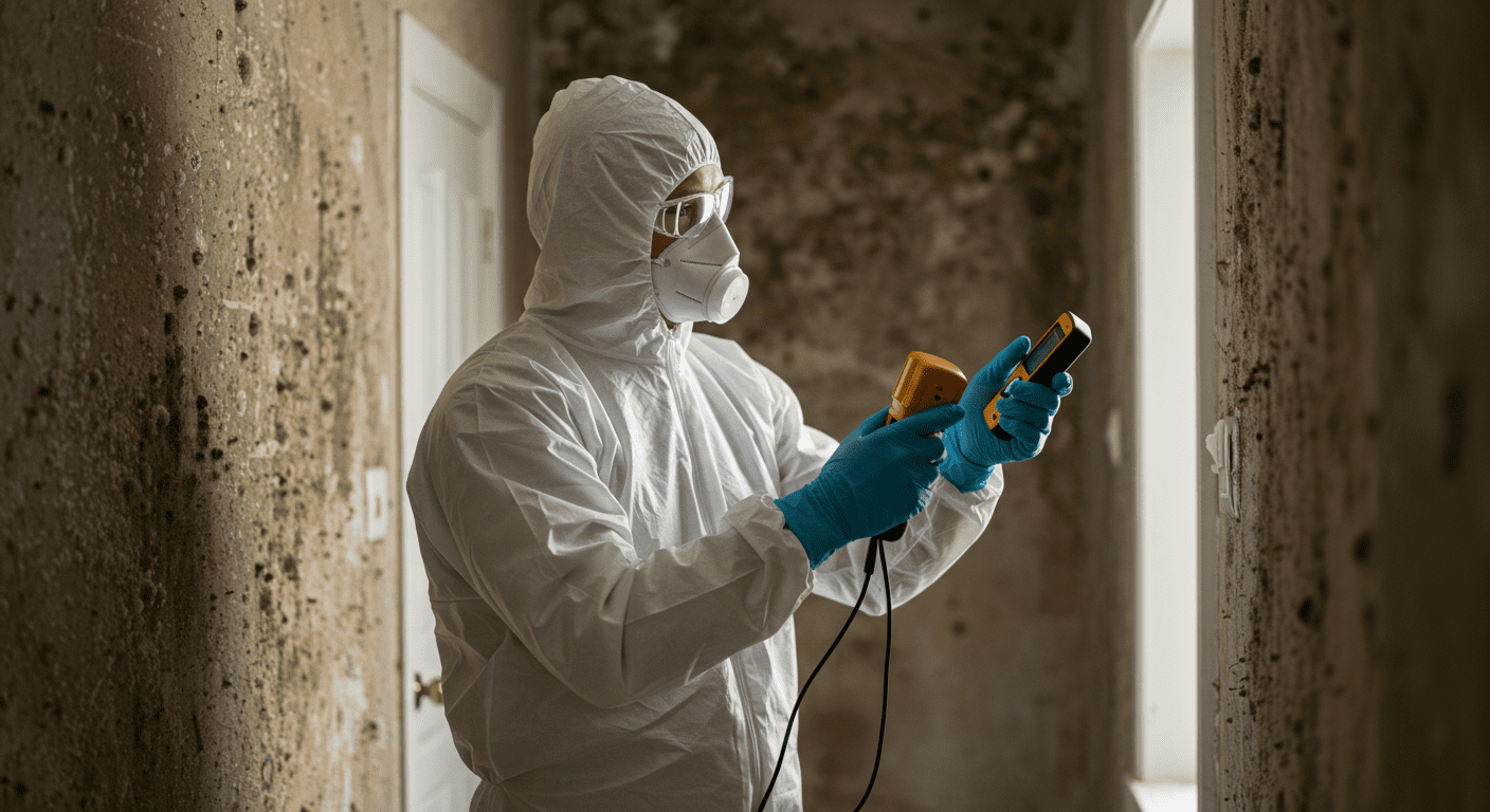 A professional mold remediation technician in protective gear inspecting a home for mold. The technician is using a moisture meter on a wall, with visible mold patches in the background.