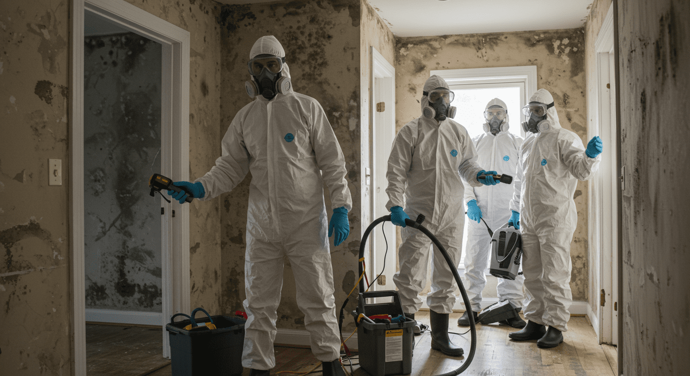 A mold remediation team in protective gear working on a mold-affected area, with equipment and safety measures visible.