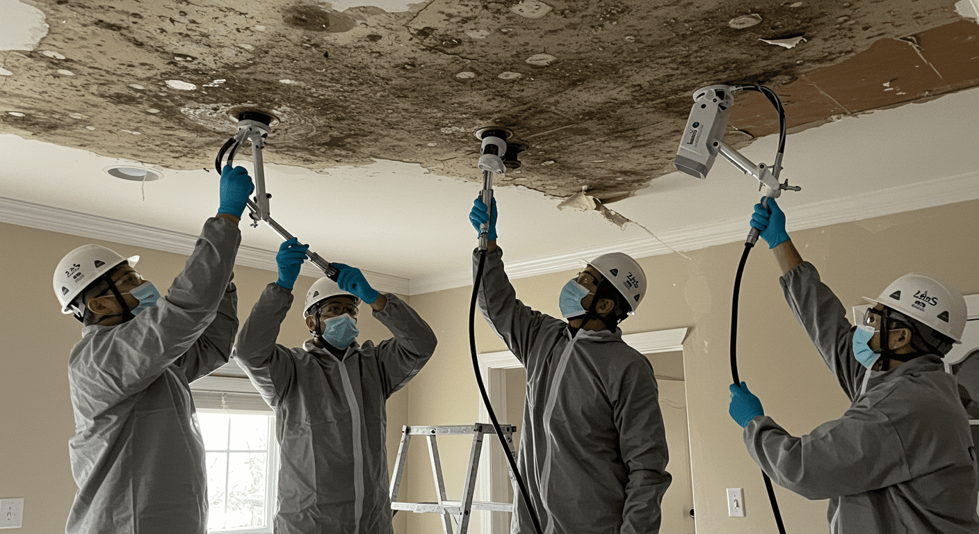 A team of mold remediation specialists in action, using specialized equipment to remove mold from a ceiling.