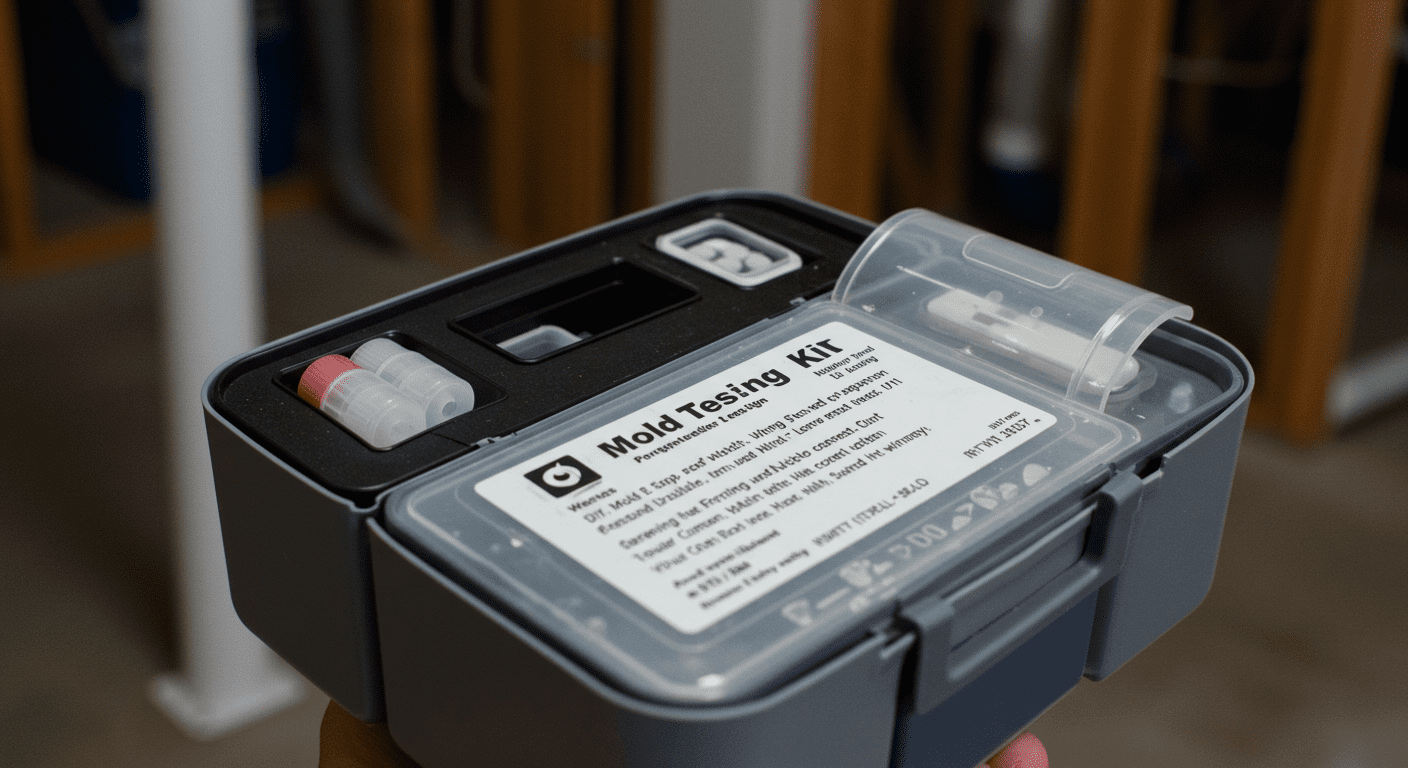 A close-up of a mold testing kit being used in a basement setting. The kit is open, with samples being collected from surfaces, emphasizing the importance of DIY mold testing for homeowners.