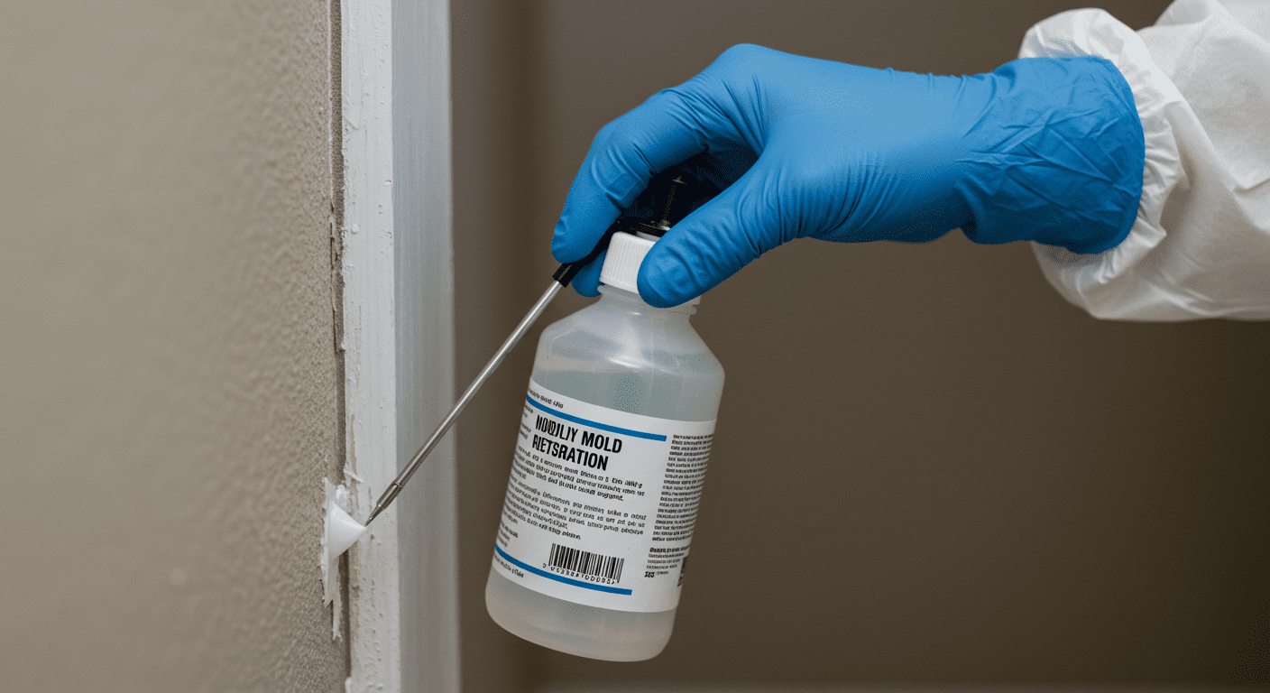A mold remediation specialist applying a mold treatment solution to affected areas in a home, with a focus on the product and the specialist's careful application.
