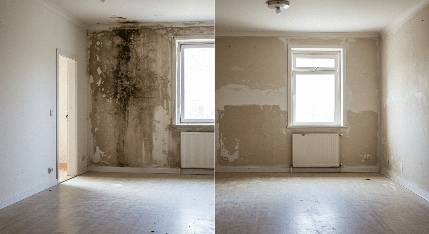 A split image showing a room before mould removal (with visible mould) and after (clean and restored), showcasing the effectiveness of professional services.