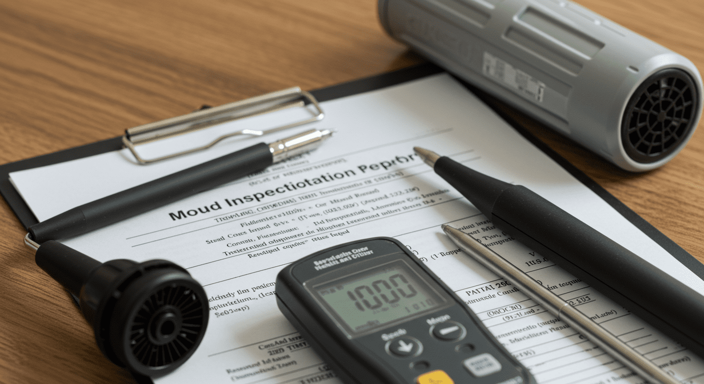 A close-up of a mould inspection report alongside tools like a moisture meter and air quality tester, emphasizing the professional equipment used in the inspection process.