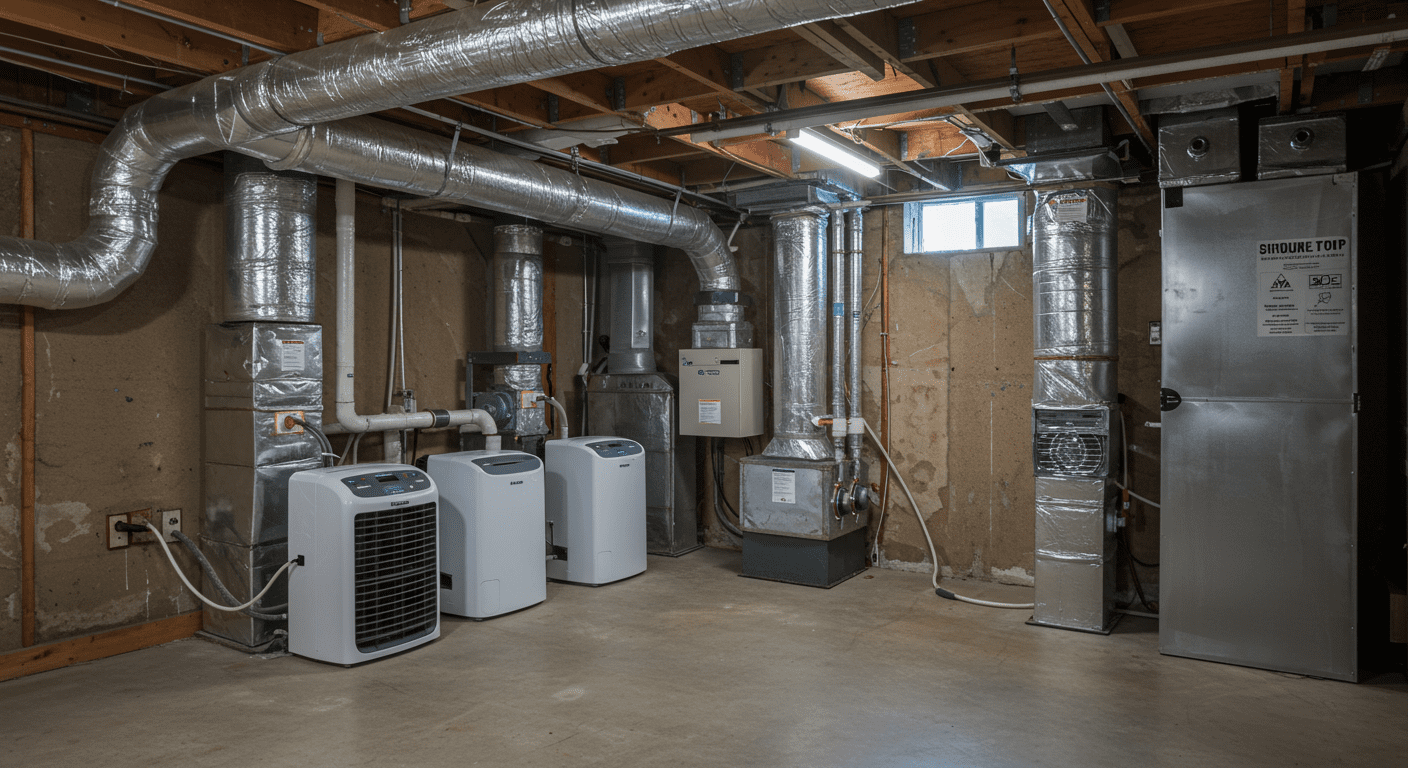 An image of a basement with dehumidifiers and proper ventilation systems in place. The setting is bright and organized, highlighting the importance of maintaining a mold-free environment.