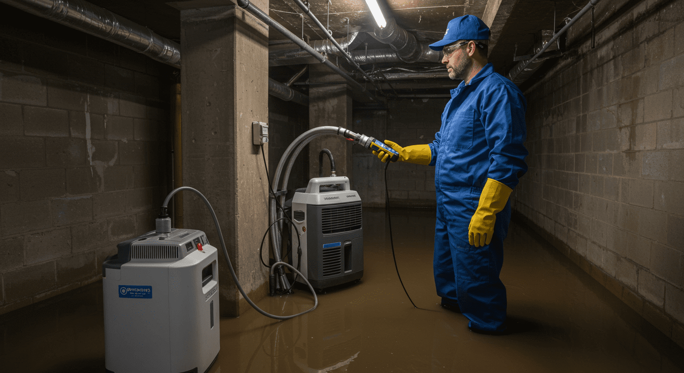 A restoration technician using advanced equipment such as moisture meters and dehumidifiers in a flooded basement.