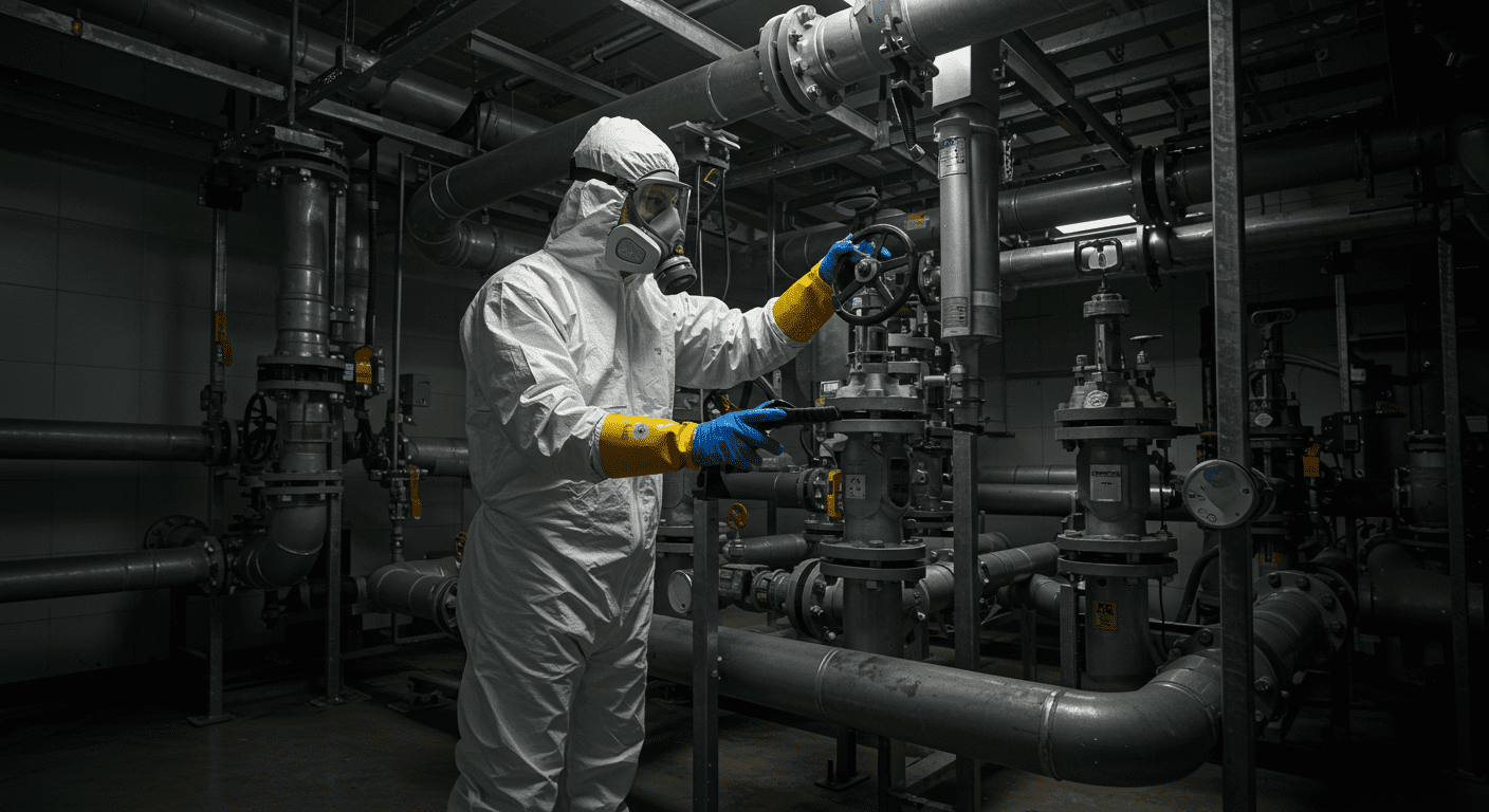 A technician in protective gear inspecting a water treatment facility, emphasizing safety protocols and mitigation practices.