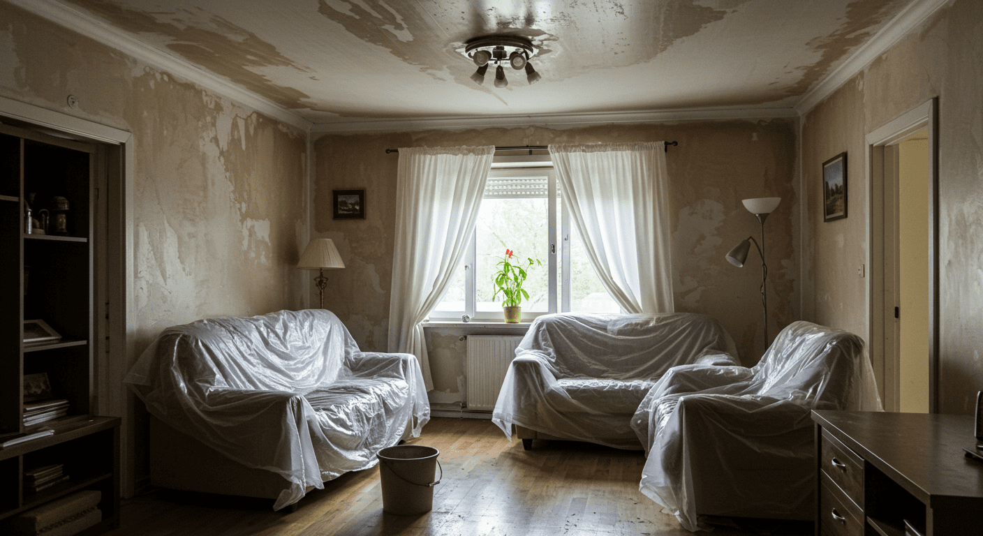 A living room with visible water stains on the ceiling and walls, showing furniture partially covered with plastic sheets. A bucket is placed under a leaking ceiling.