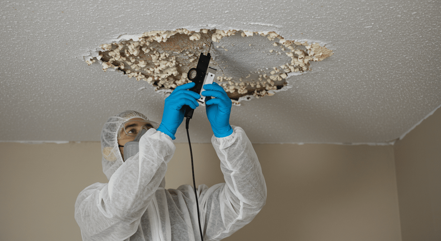 A technician conducting an asbestos test on a popcorn ceiling, with testing equipment visible. This emphasizes the importance of safety before starting the removal process.