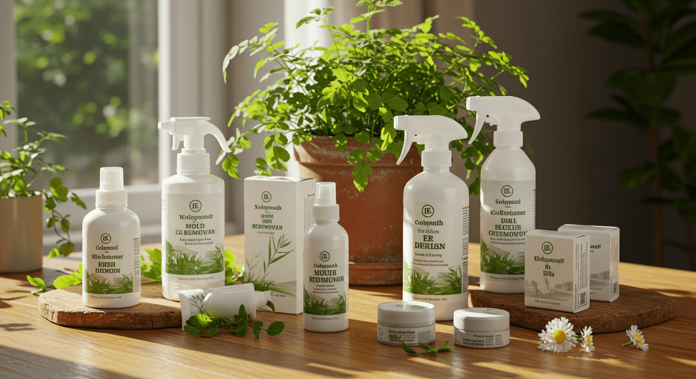 An aesthetically pleasing arrangement of eco-friendly mold removal products on a wooden table. The products are displayed with natural elements like plants and sunlight filtering through a window, emphasizing their chemical-free nature.