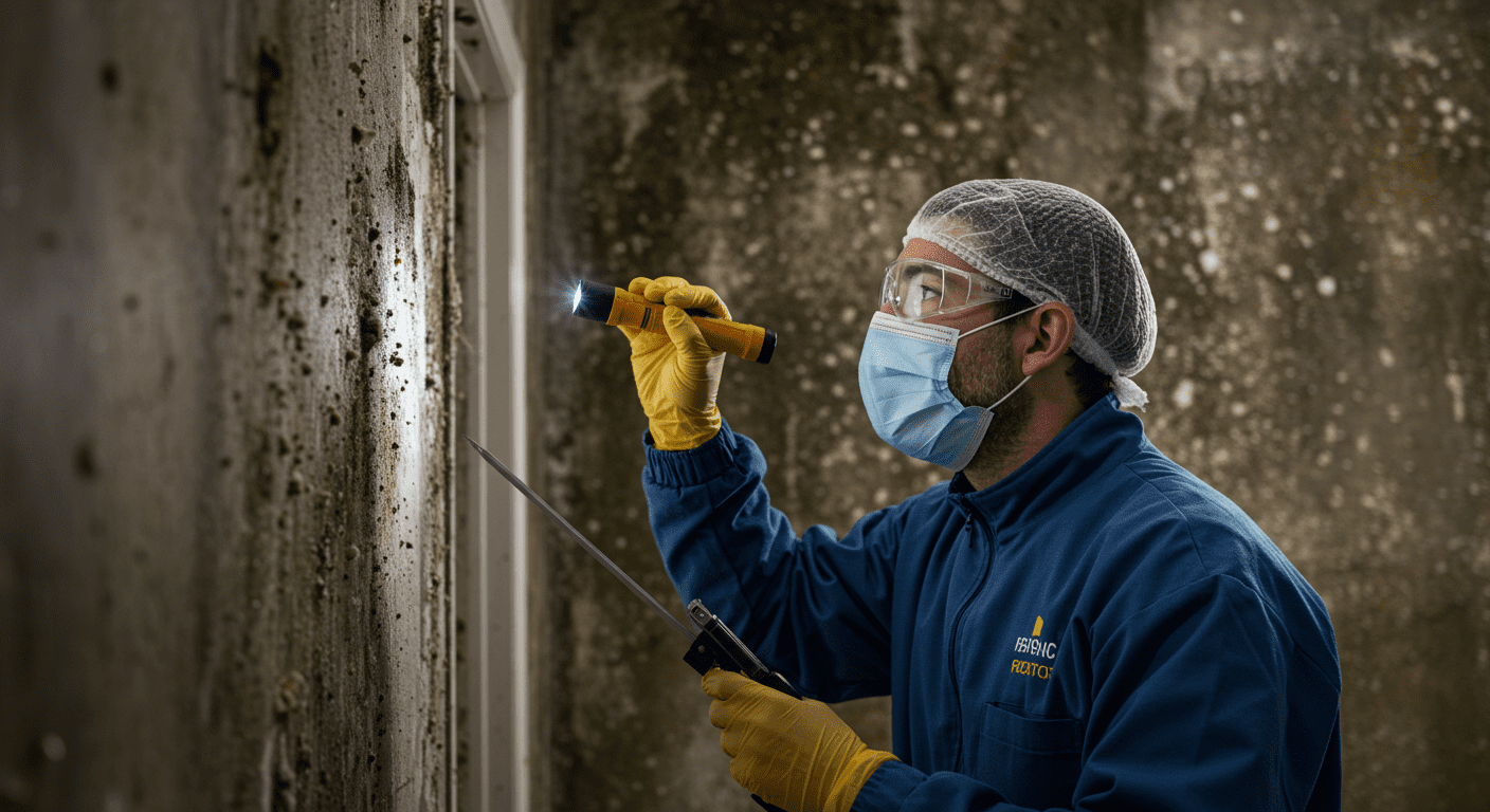 A professional mold inspector examining a wall with visible mold growth, using a flashlight and tools. The inspector is wearing protective gear, emphasizing safety and professionalism.