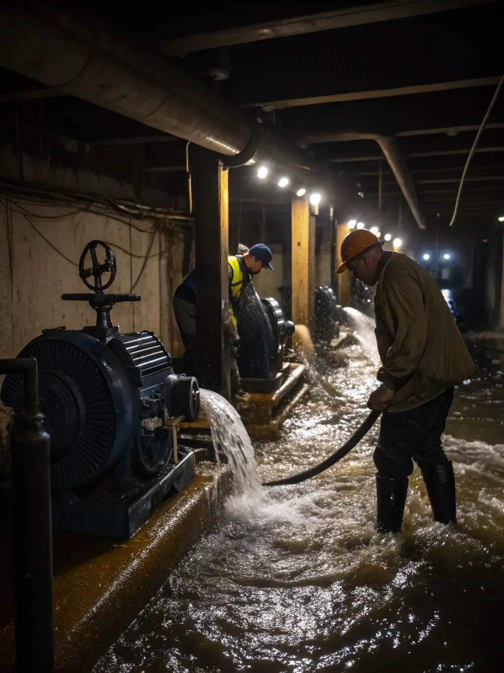 MoldFreeNJ team member using professional water extraction equipment to remove standing water from a flooded basement, emphasizing rapid response and efficient water removal.