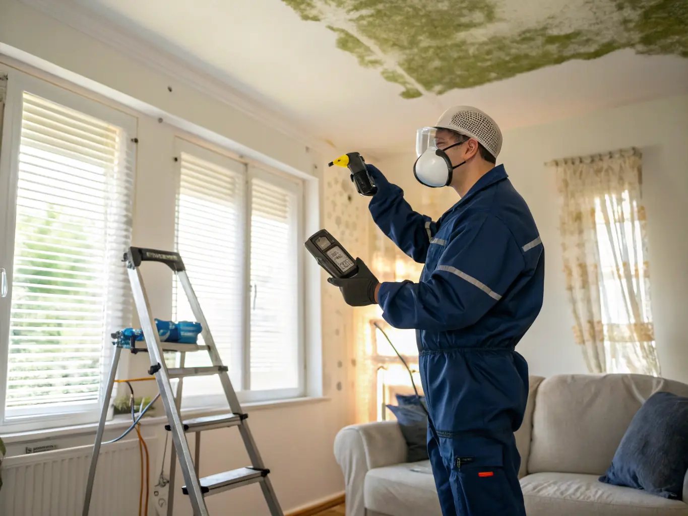 A professional mold remediation specialist in a hazmat suit inspecting a mold-infested wall in a residential basement, with visible water stains and damaged drywall.