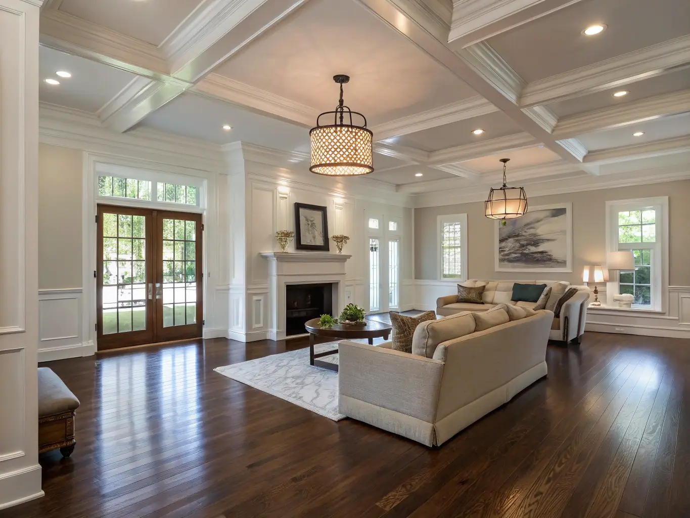 A fully restored living room after water damage, featuring new flooring, freshly painted walls, and restored furniture, showcasing the transformation from damage to normalcy.