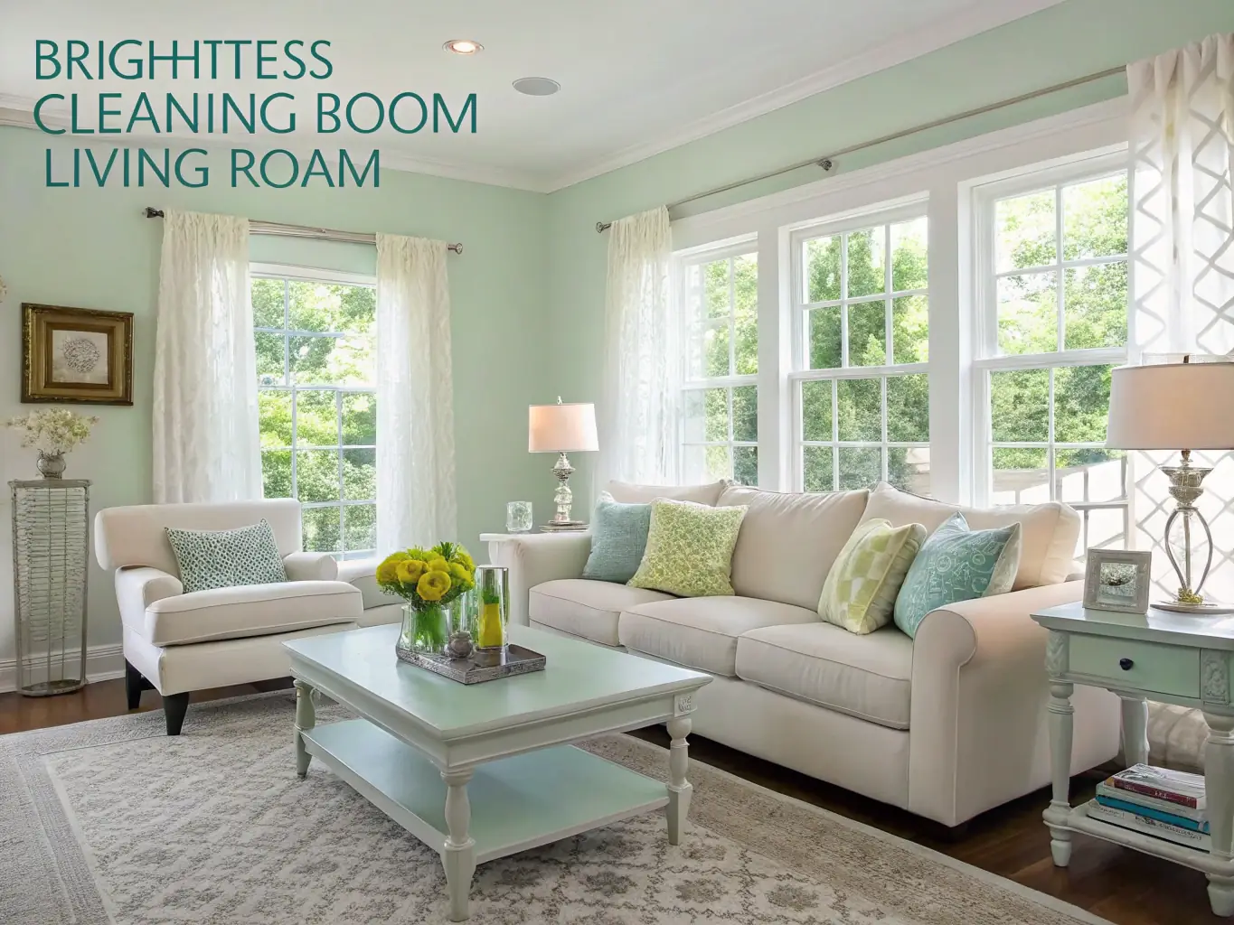 An image of a restored living room with new drywall and flooring after water damage repair.