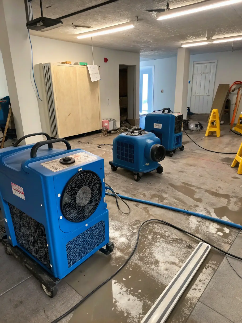 A MoldFreeNJ technician using industrial-grade dehumidifiers and air movers to dry out a water-damaged structure, showcasing the structural drying process.