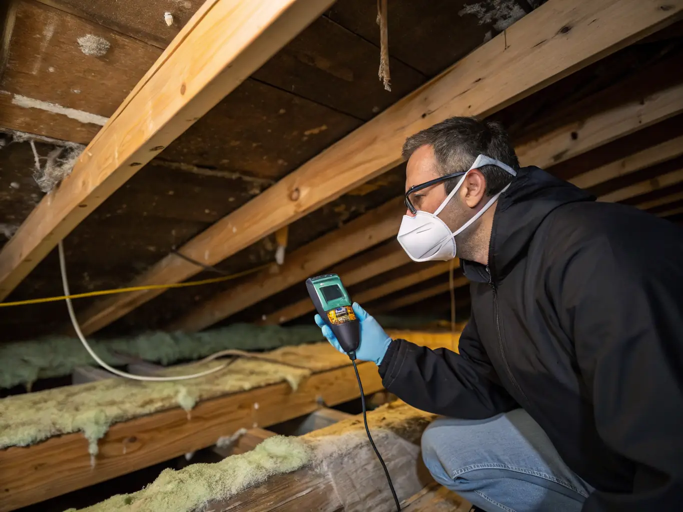 An image showing a technician inspecting mold-affected areas with protective gear and specialized equipment.