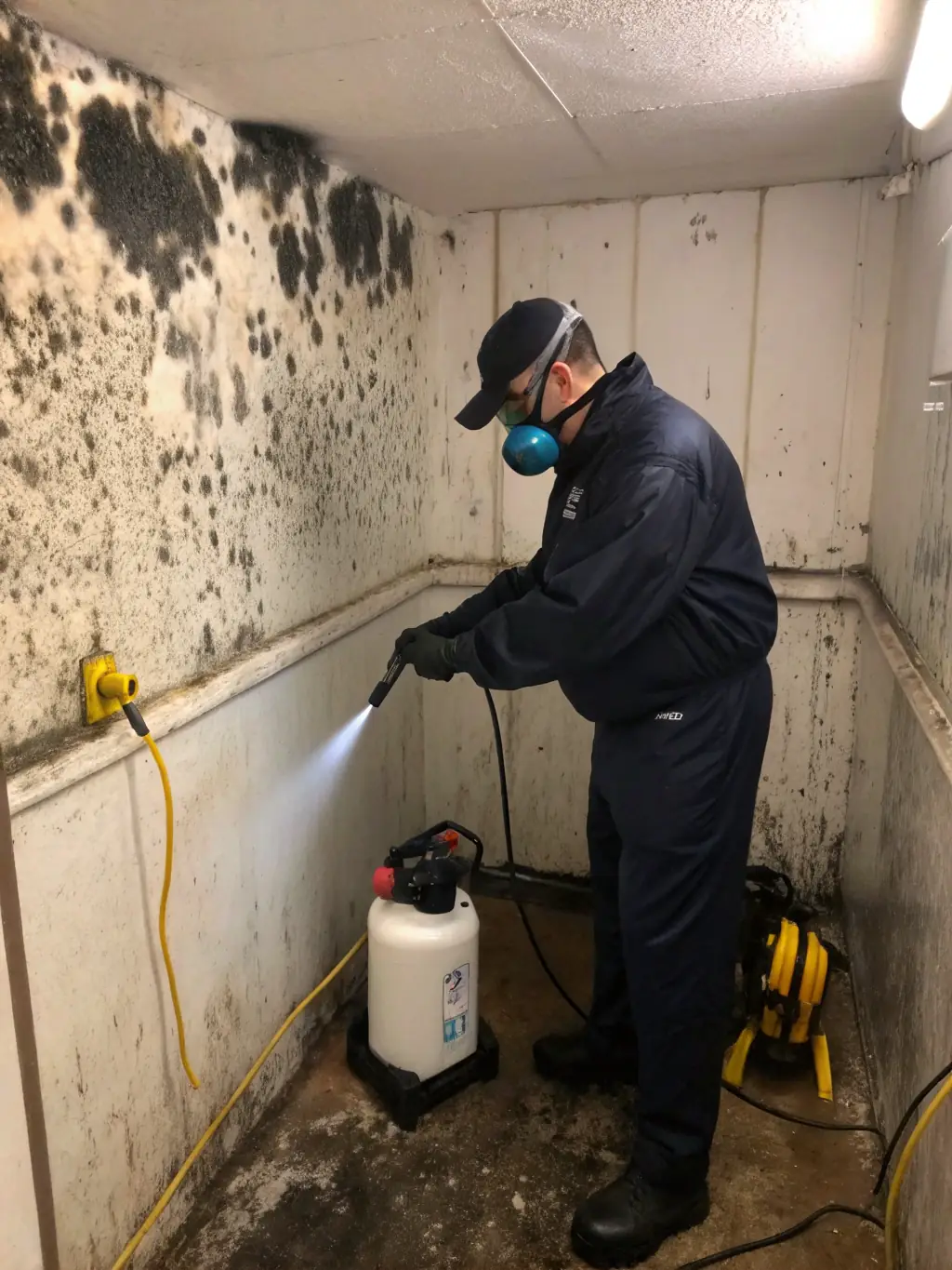 A professional MoldFreeNJ technician in a hazmat suit inspecting a mold-infested wall with a moisture meter, highlighting the initial assessment phase of mold remediation.
