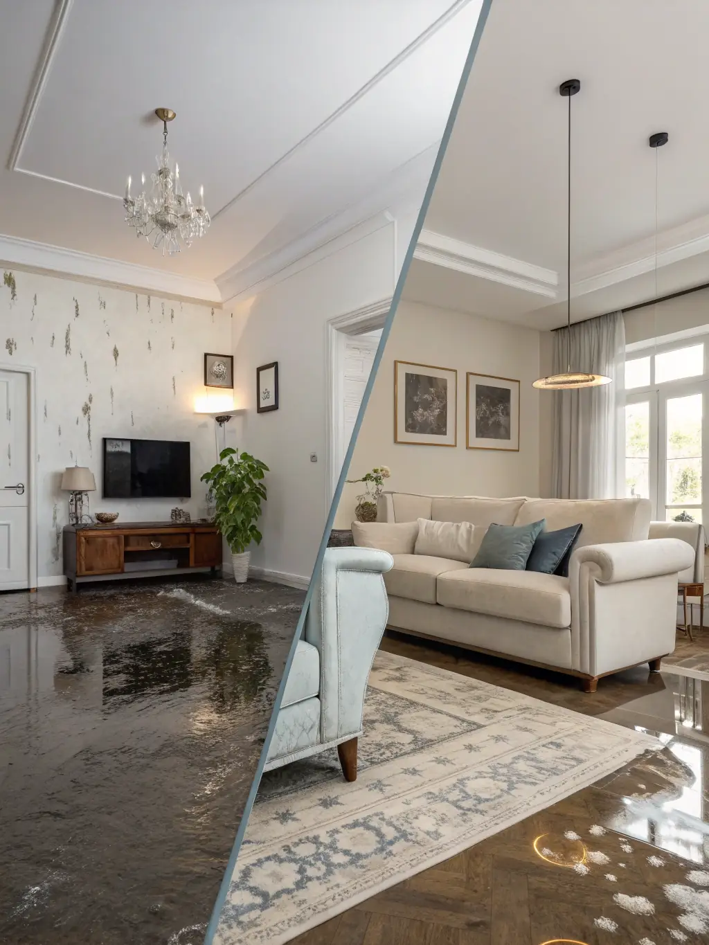 A before-and-after shot of a property restored by MoldFreeNJ after water damage, demonstrating the comprehensive restoration service.