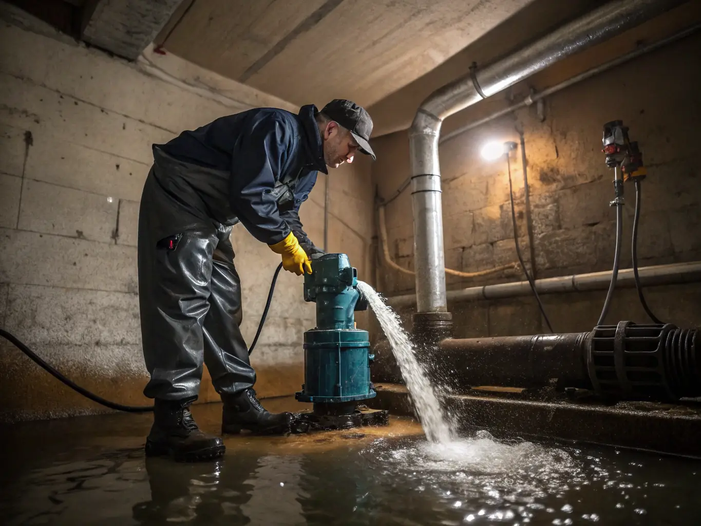 A photo of a technician using industrial drying equipment in a flooded basement.