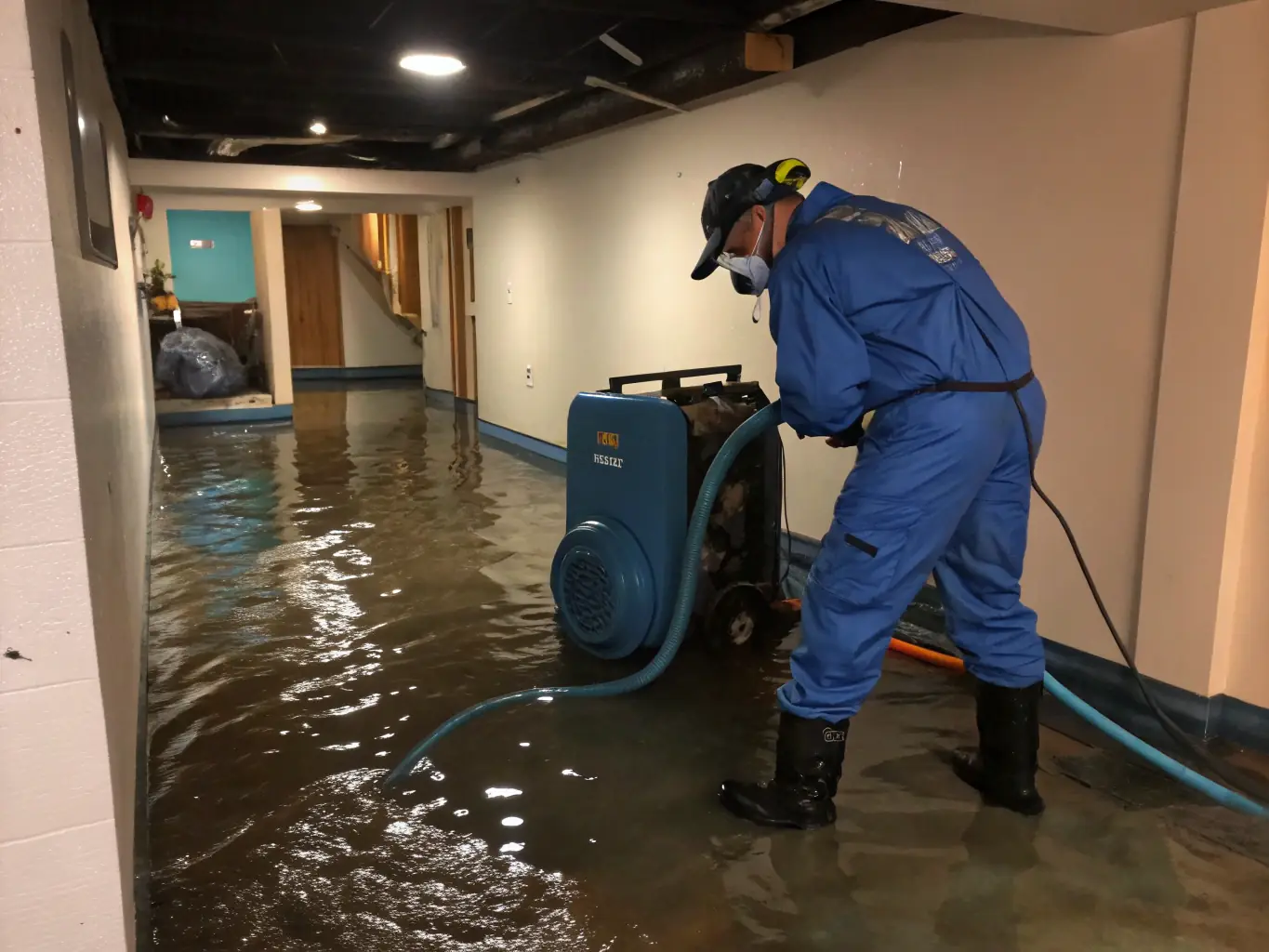 Technicians using professional-grade water extraction equipment to remove standing water from a flooded commercial building, with dehumidifiers and air movers in the background.