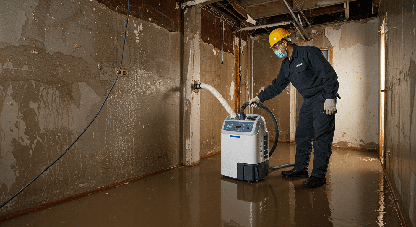 A technician using a dehumidifier in a flooded basement, with visible water damage on the walls and floor. The image conveys the urgency of water damage restoration.