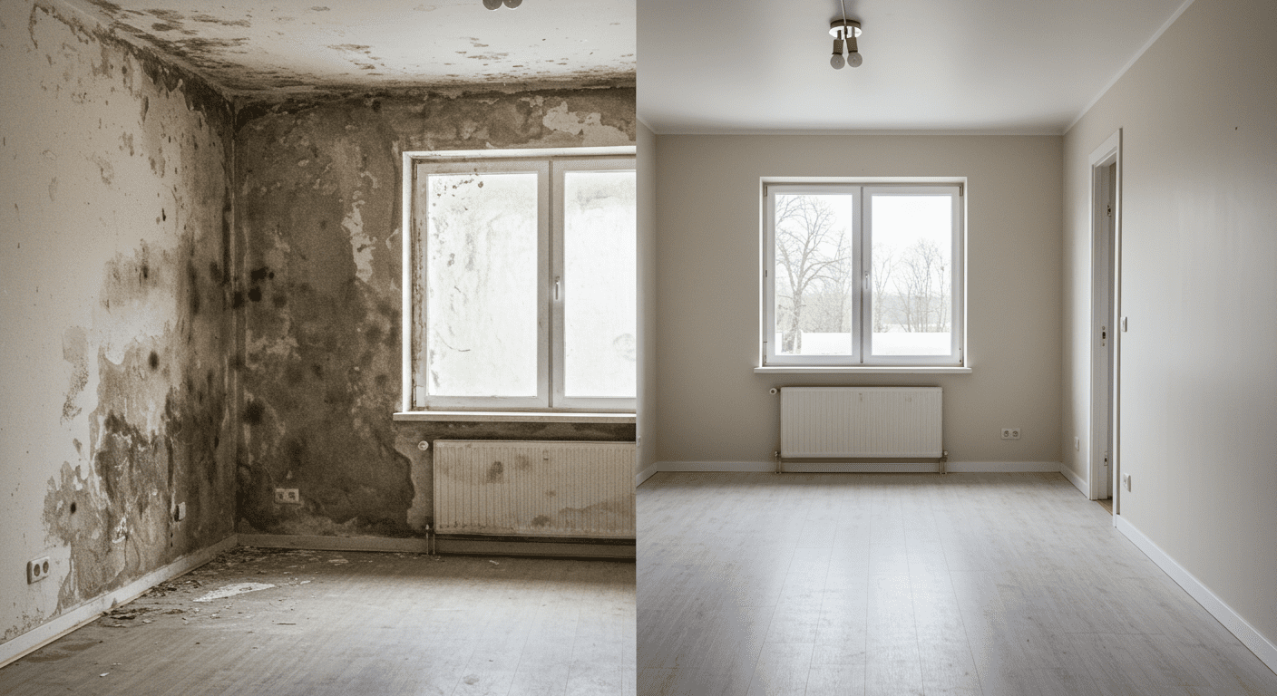 A split image showing a room before and after mold remediation. The left side depicts a mold-infested area, while the right side shows the same space clean and restored, emphasizing the effectiveness of professional services.